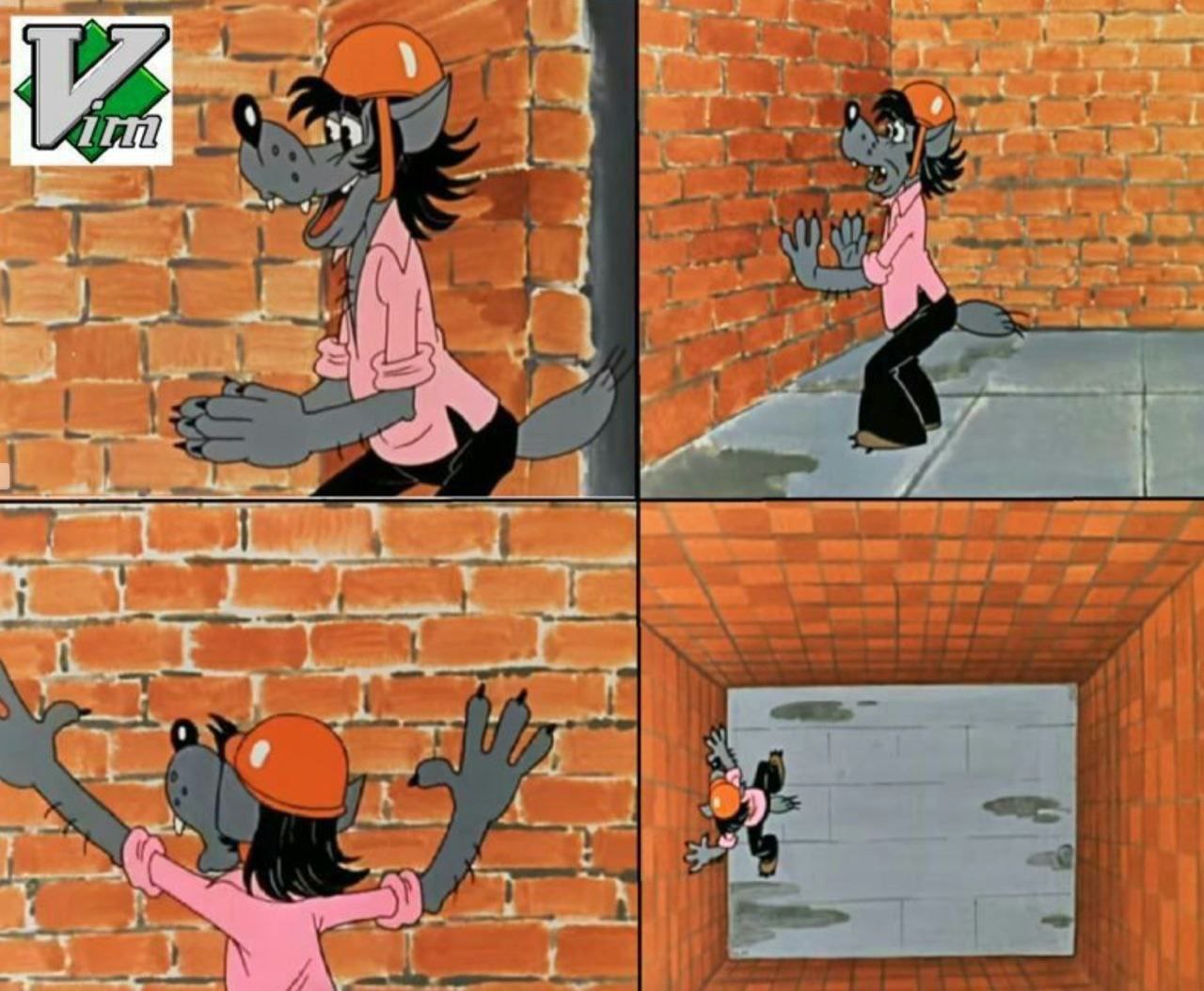 Wolf from soviet cartoon "Nu, pogodi!" trapped in the brick room